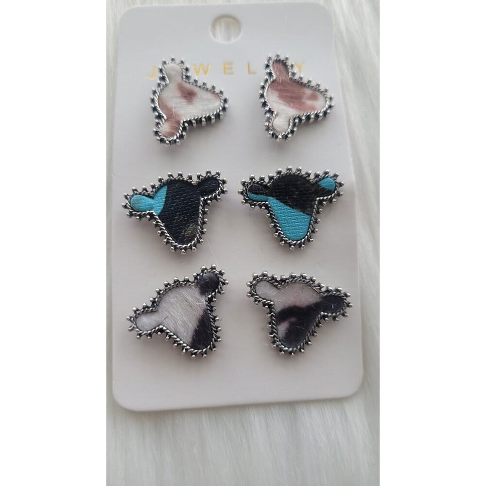 3 Pairs Of Western Rodeo Style Cow Head Pattern Post Earrings